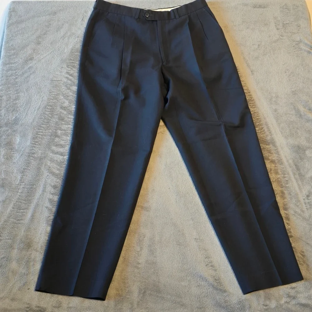 St Michael Marks & Spencer Men's Dress Pants 34x31 Navy Blue Wool Blend Pleated
